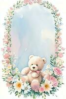 Watercolor Wedding or Birthday Greetings Card Background with Teddy Bear photo