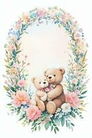 Watercolor Wedding or Birthday Greetings Card Background with Teddy Bear photo