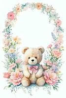 Watercolor Wedding or Birthday Greetings Card Background with Teddy Bear photo