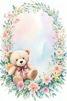 Watercolor Wedding or Birthday Greetings Card Background with Teddy Bear photo