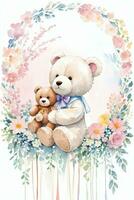 Watercolor Wedding or Birthday Greetings Card Background with Teddy Bear photo