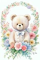 Watercolor Wedding or Birthday Greetings Card Background with Teddy Bear photo