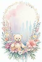 Watercolor Wedding or Birthday Greetings Card Background with Teddy Bear photo