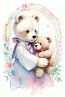 Watercolor Wedding or Birthday Greetings Card Background with Teddy Bear photo