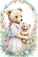 Watercolor Wedding or Birthday Greetings Card Background with Teddy Bear photo