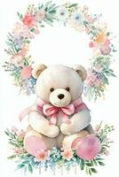 Watercolor Wedding or Birthday Greetings Card Background with Teddy Bear photo