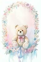 Watercolor Wedding or Birthday Greetings Card Background with Teddy Bear photo