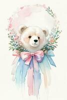 Watercolor Wedding or Birthday Greetings Card Background with Teddy Bear photo