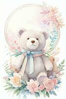 Watercolor Wedding or Birthday Greetings Card Background with Teddy Bear photo