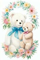 Watercolor Wedding or Birthday Greetings Card Background with Teddy Bear photo