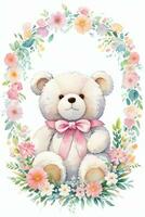 Watercolor Wedding or Birthday Greetings Card Background with Teddy Bear photo