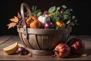 estudio foto de el cesta con otoño cosecha vegetales