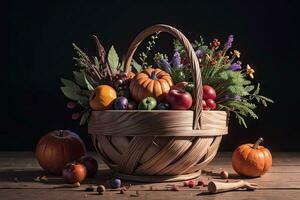 estudio foto de el cesta con otoño cosecha vegetales