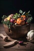 Studio Photo of the Basket With Autumn Harvest Vegetables