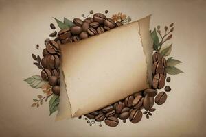 Vintage Background With Watercolor Coffee Beans and Leaves Cafe Template photo