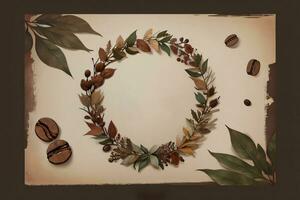 Vintage Background With Watercolor Coffee Beans and Leaves Cafe Template photo