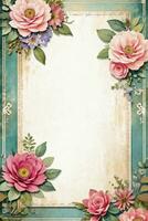 Vintage retro vibe paper texture with watercolor flowers photo