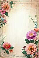 Vintage retro vibe paper texture with watercolor flowers photo