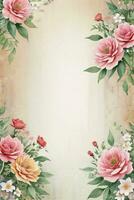 Vintage retro vibe paper texture with watercolor flowers photo