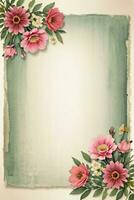 Vintage retro vibe paper texture with watercolor flowers photo