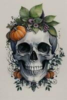 Watercolor Style Halloween Background with Skull And Pumpkin photo