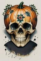 Watercolor Style Halloween Background with Skull And Pumpkin photo