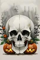 Watercolor Style Halloween Background with Skull And Pumpkin photo