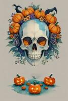 Watercolor Style Halloween Background with Skull And Pumpkin photo