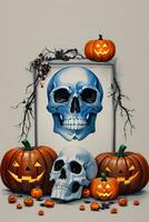 Watercolor Style Halloween Background with Skull And Pumpkin photo