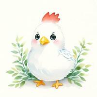 Watercolor children illustration with cute chiken clipart photo