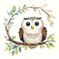 Watercolor children illustration with cute owl clipart photo