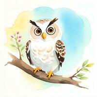 Watercolor children illustration with cute owl clipart photo