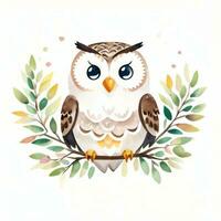 Watercolor children illustration with cute owl clipart photo