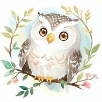Watercolor children illustration with cute owl clipart photo