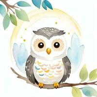 Watercolor children illustration with cute owl clipart photo