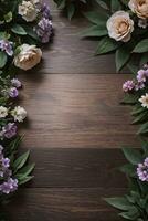 Wooden background and flowers banner template mockup background photo