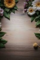 Wooden background and flowers banner template mockup background photo