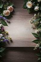 Wooden background and flowers banner template mockup background photo