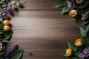 Wooden background and flowers banner template mockup background photo