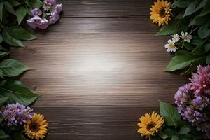 Wooden background and flowers banner template mockup background photo