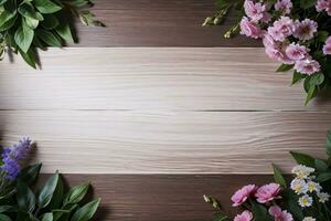 Wooden background and flowers banner template mockup background photo