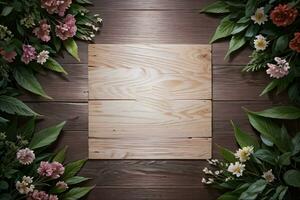 Wooden background and flowers banner template mockup background photo