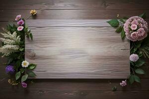 Wooden background and flowers banner template mockup background photo