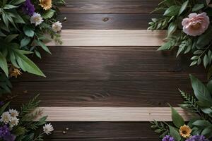 Wooden background and flowers banner template mockup background photo