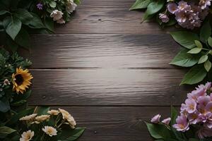 Wooden background and flowers banner template mockup background photo