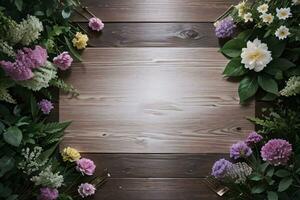 Wooden background and flowers banner template mockup background photo