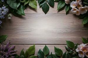 Wooden background and flowers banner template mockup background photo