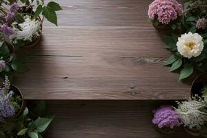 Wooden background and flowers banner template mockup background photo