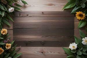 Wooden background and flowers banner template mockup background photo