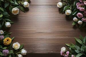 Wooden background and flowers banner template mockup background photo